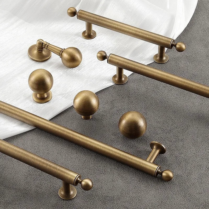 T-shaped Antique Brass Brushed Furniture Handle Solid Brass Shell Drawer Knob Modern Simple Kitchen Cabinet Long Pull