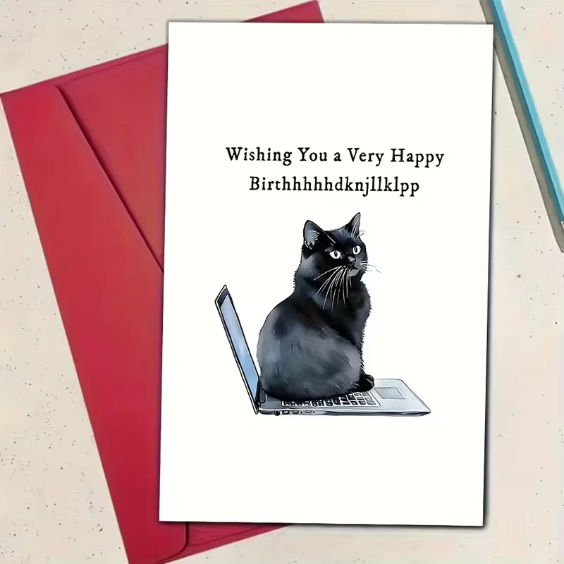 Humorous Cat Birthday Card, "Wishing You a Very Happy Birthhhhdknjllklpp" Quote, Funny Black Cat on Laptop Design