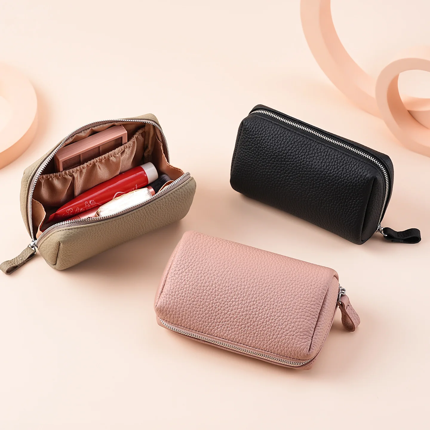 Leather Travel Toiletry Bag for Women, Mini Cosmetic Pouch Organizer with 3 Dividers, Easy Clean Makeup Bag for Purse