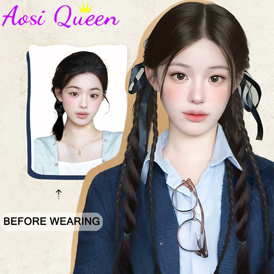 AOSI Wig wanita rambut palsu panjang Natural, Wig ekstensi rambut ekor kuda, kepang putar sintetis, Wig wanita