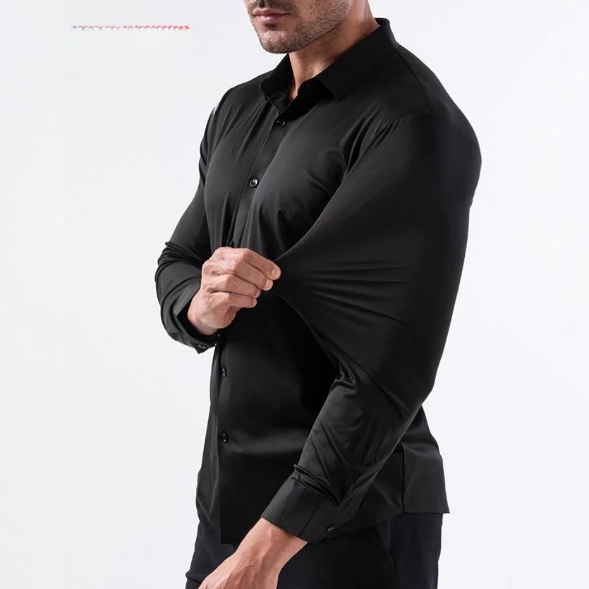 

No-iron High Elastici Busin Casual Men's irt Sl Four-sided PU Fabric Collar Long Sve Plain Color