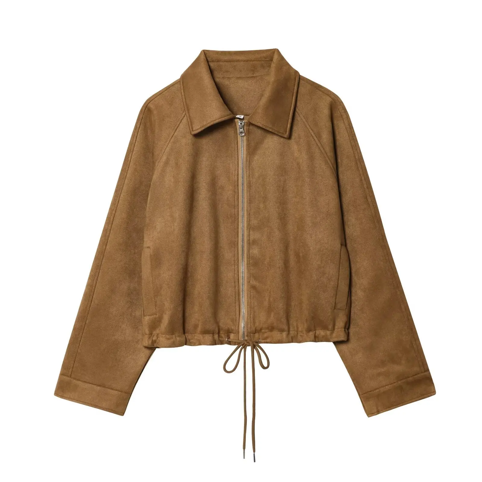 

Jenny&Dave Nordic Minimalist Zipper Suede Jacket Featuring A French Drawstring Cinched Waist And Loose Fit Bomber Jacket Women T