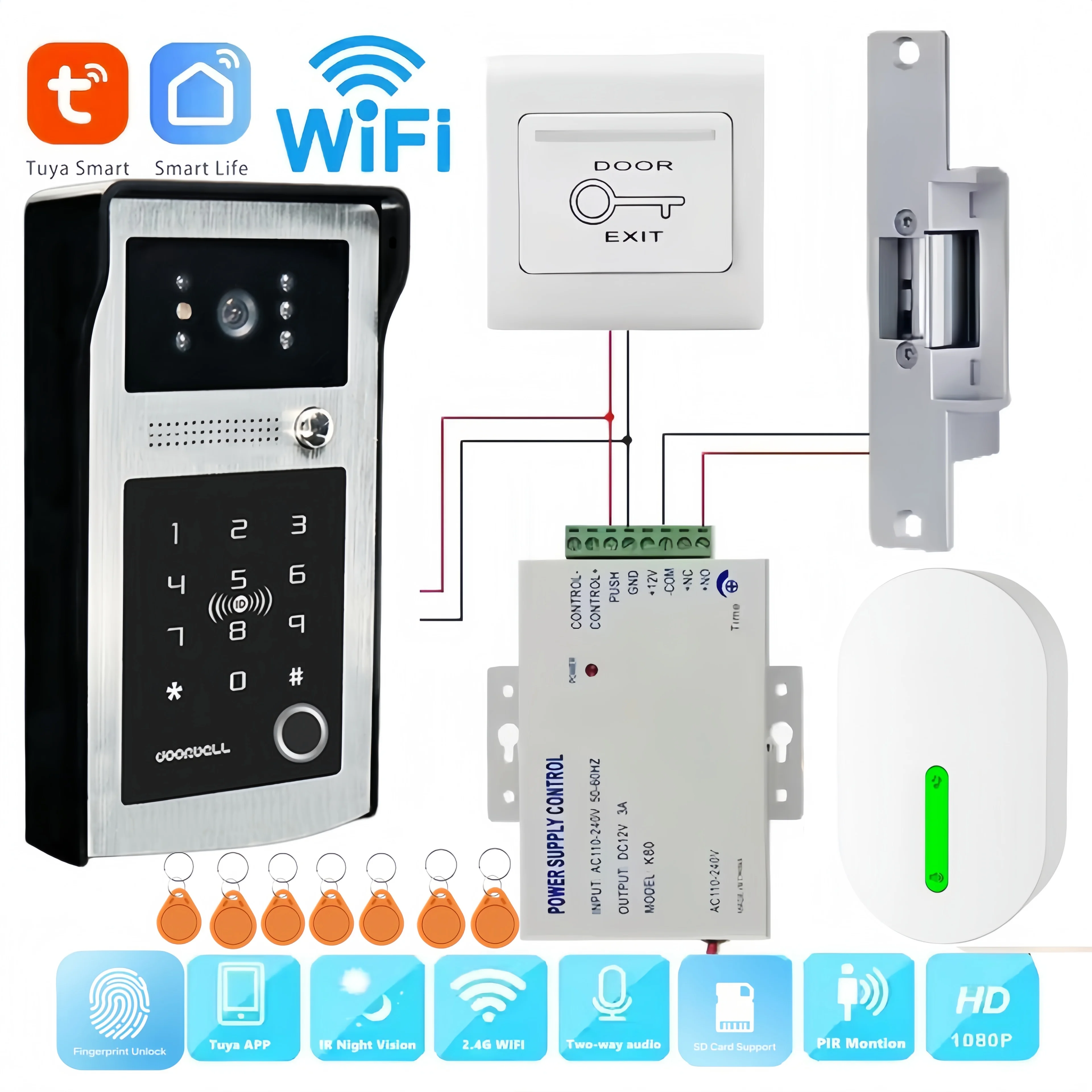 Wifi Smart Video Doorbell Tuya Intercom System 1080P Wireless video door phone sd  password RFID fingerprint for Home Apartment