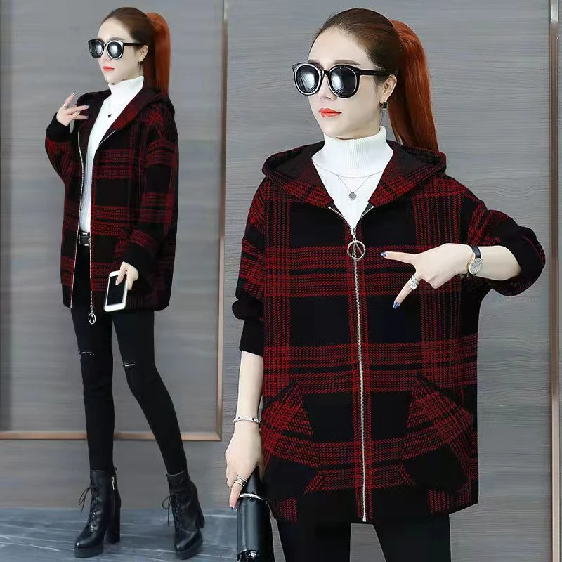 plus Size Women's Plaid Fce Lined Thiened Autumn Winter Coat Loose Open Cardigan Korean Sle Commute Wind Long Sve