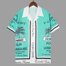 Alphabet Coconut Tree Pattern Short Sleeve Contrasting Color Shirt  Casual Shirt Streetwear Camisa Masculina Shirt Moda Hombre