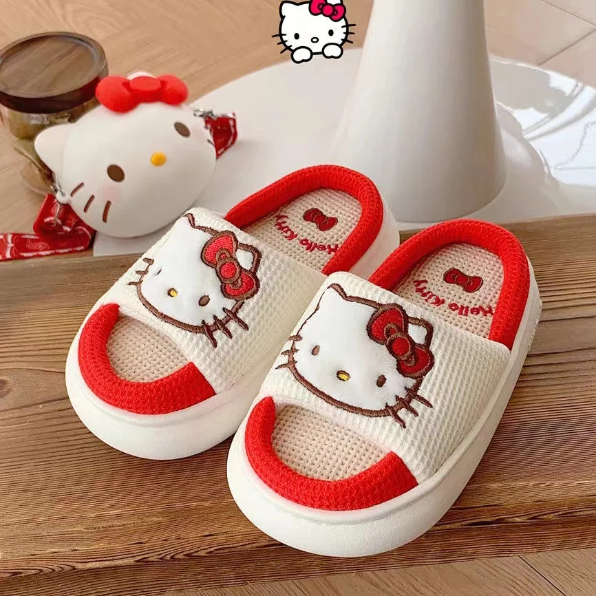 2924 new real pictures hello kitty cat cheap discount thick sole warm winter plus size Women Wear Outside cutton slippers