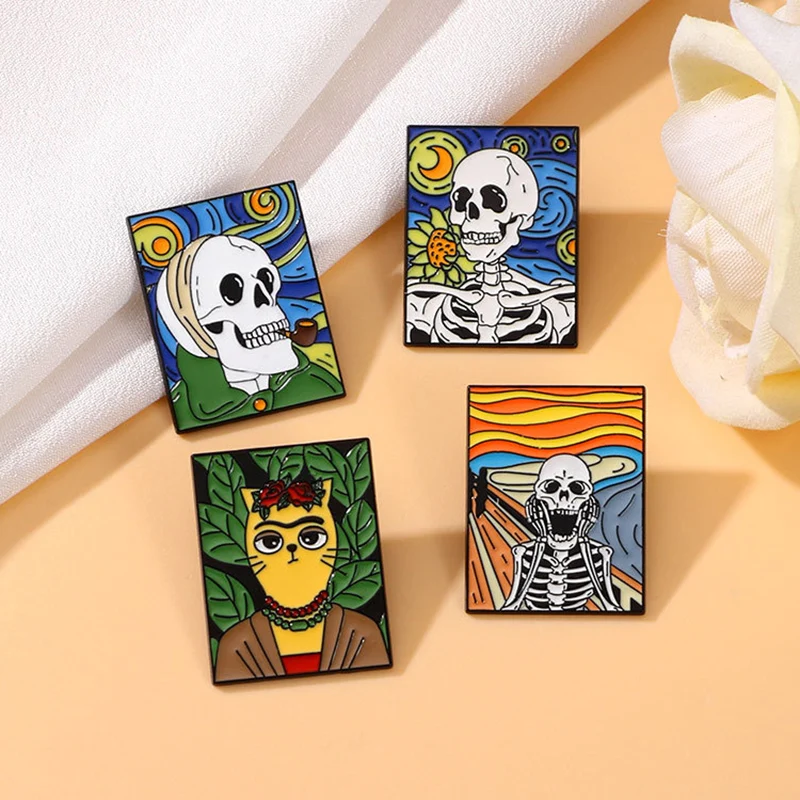 Scary Oil Painting Skull Brooch Starry Sunflower Cat Knife Post Ghost Annihilation Blade Goth Metal Badge Punk Lapel Pin Jewelry