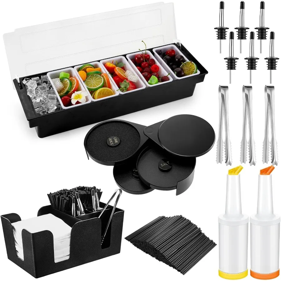 

Garnish Tray with Lid Bar Caddy 3 Tier Glass Rimmer 12 Stainless Steel Bottle Pourers 2 Plastic Juice Pour Bottles 1000 Count C