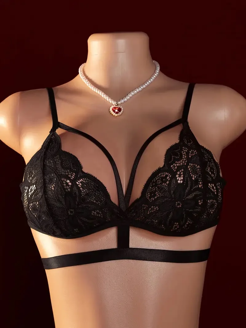 Seksowny komplet bielizny damskiej z koronką kontrastową, jednowarstwowy biustonosz z siateczki z prześwitującym wzorem i elastycznymi ramiączkami, rozmiary S-XXL.