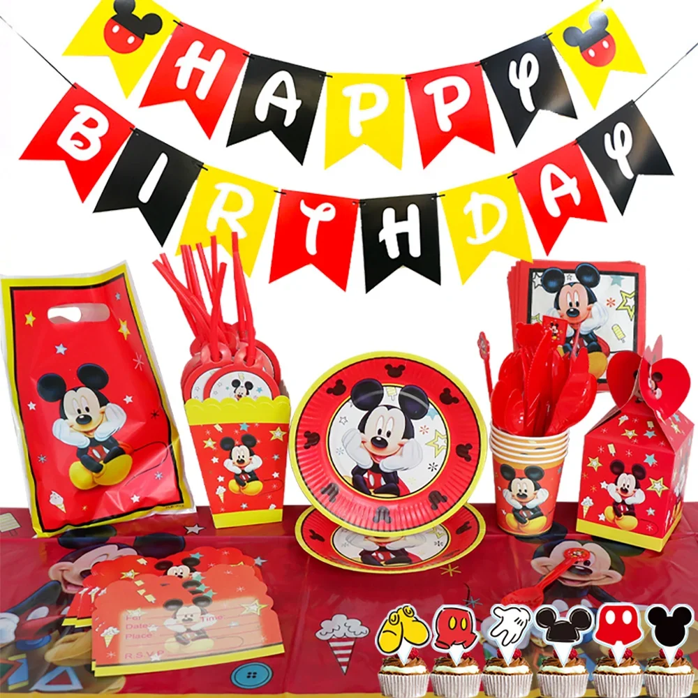 Mantel desechable de Mickey Mouse rojo para fiesta de cumpleaños, taza de papel decorativa, dibujo de bandera, suministros de fiesta