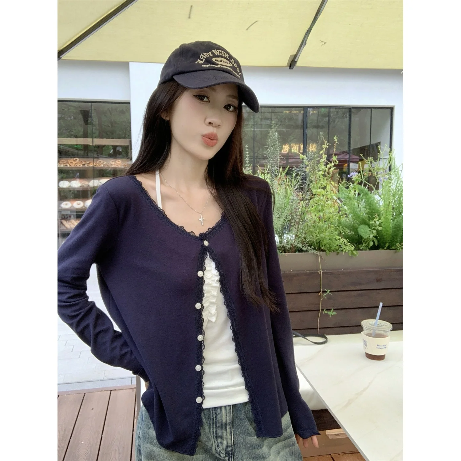 

Autumn Winter Soft Casual Long Sleeve Knitted Cardigan Women's Fashion Lace Splicing Hemline Sun Protection Top Polyester Fiber