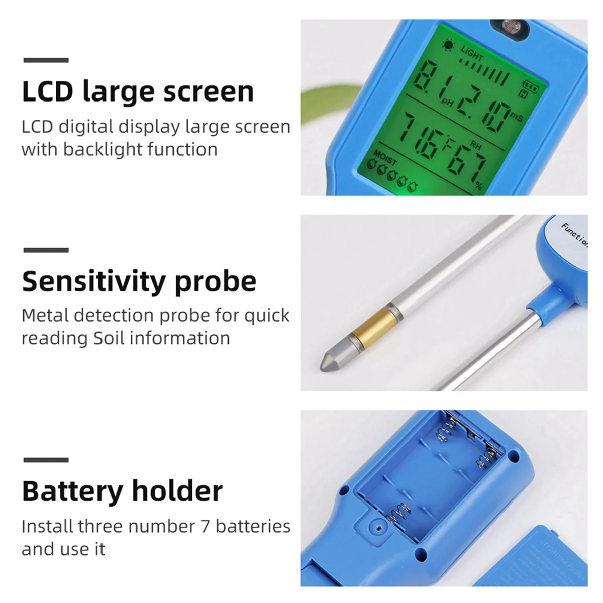 A03R 6-in-1 Soil Tester Multi-Function Digital Soil PH Meter Large Screen Digital Display Test Value PH Meter