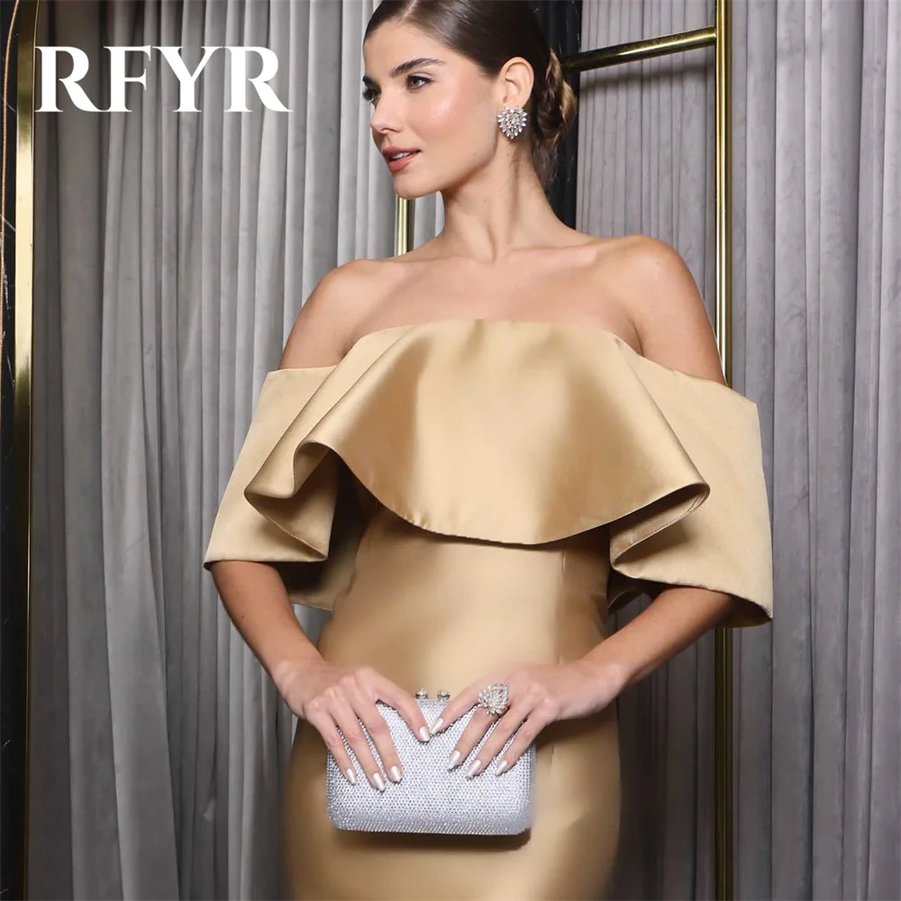 RFYR Simple Champagne Prom Dress Strapless Off The Shoulder Evening Dress with Pleat Satin Trumpet robe de soirée Party Dress