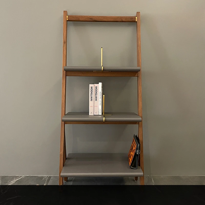 

Italian minimalist bookshelves, saddle leather, leather floor-to-ceiling shelves, light luxury furniture