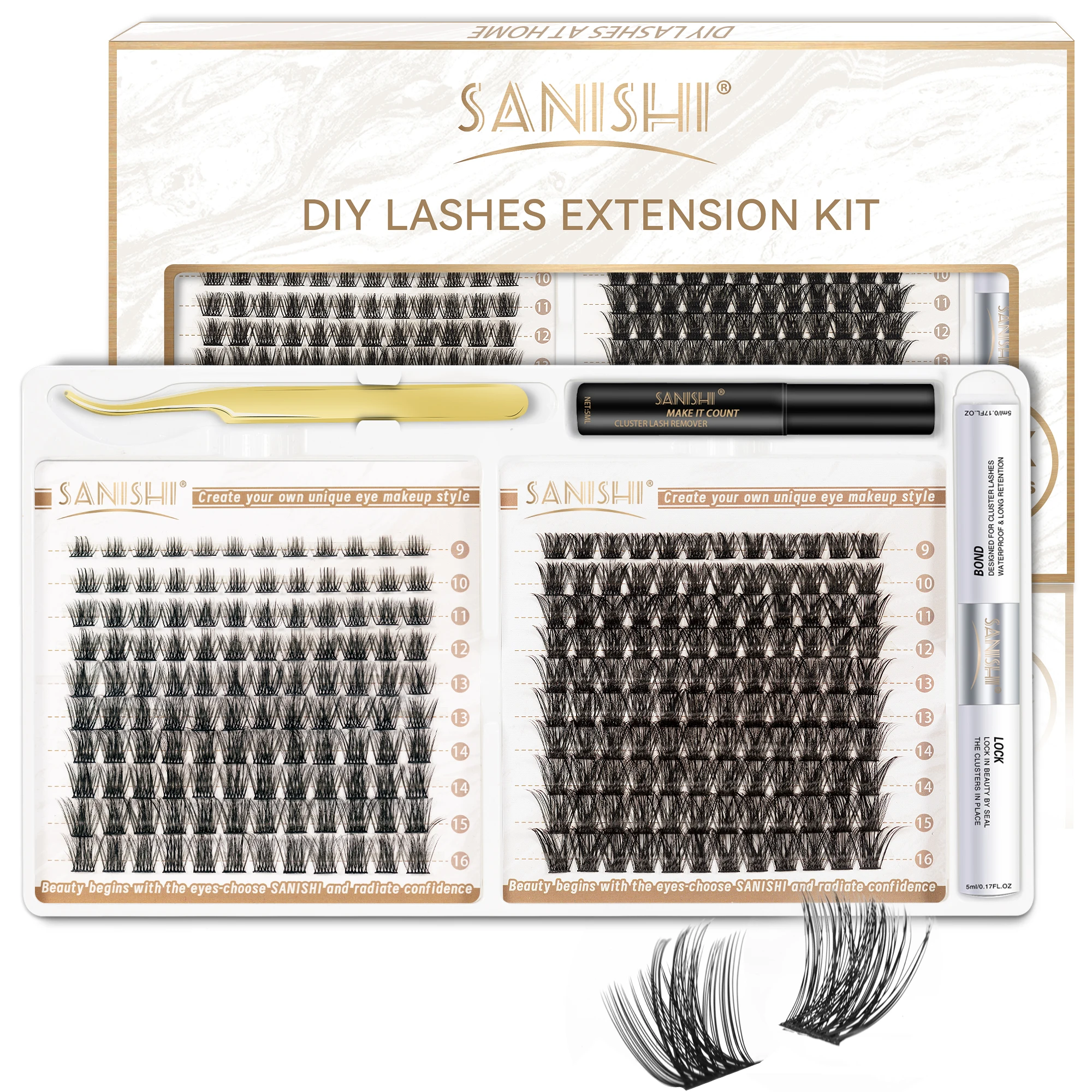 Sanishi DIY Eyelash Extension Set-240 Natural Eyelash Curler,9-16MM Mixed Length Individual Eyelash Set,DIY Eyelash Extensions