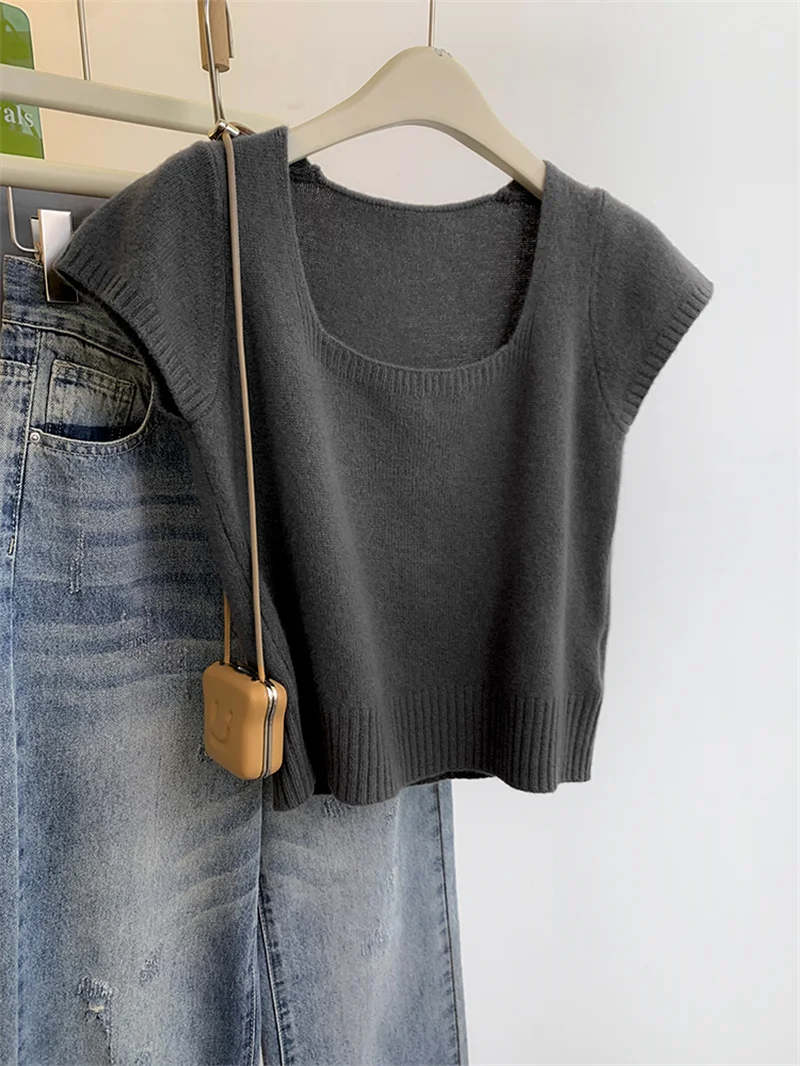 

Pure Desire Spicy Short Sleeve Knitted Wool Yarn Shirt Women's Spring Summer Inner Wear Short Style Square Collar Top