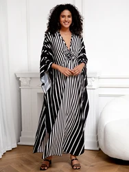 Women Beach Cover Ups Black and White Striped Printed Kaftans Summer Holiday Beachwear Bathing Suits