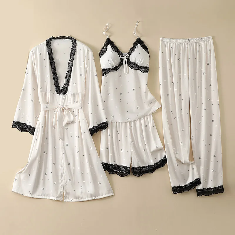 

4 Piece Pajamas Sets Lace Home Clothes Sexy Women Sleepwear Lingerie Summer Rayon Bathrobe&cami&pants Pijamas Nightsuits