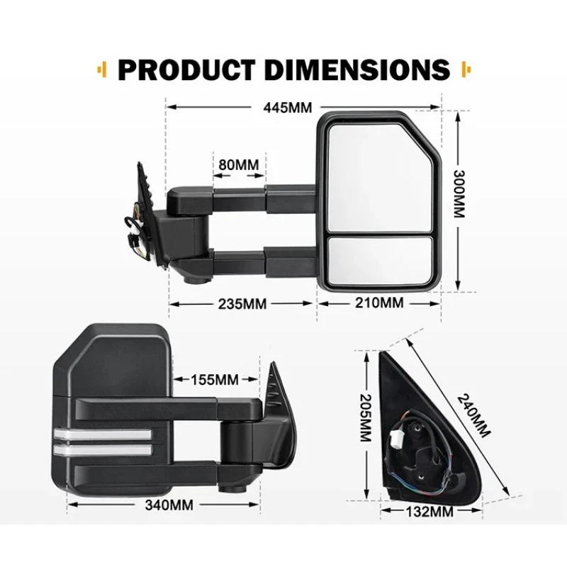 High Quality Black Extendable Foldable Large-view Electric Rearview Mirror for Hilux 2015+