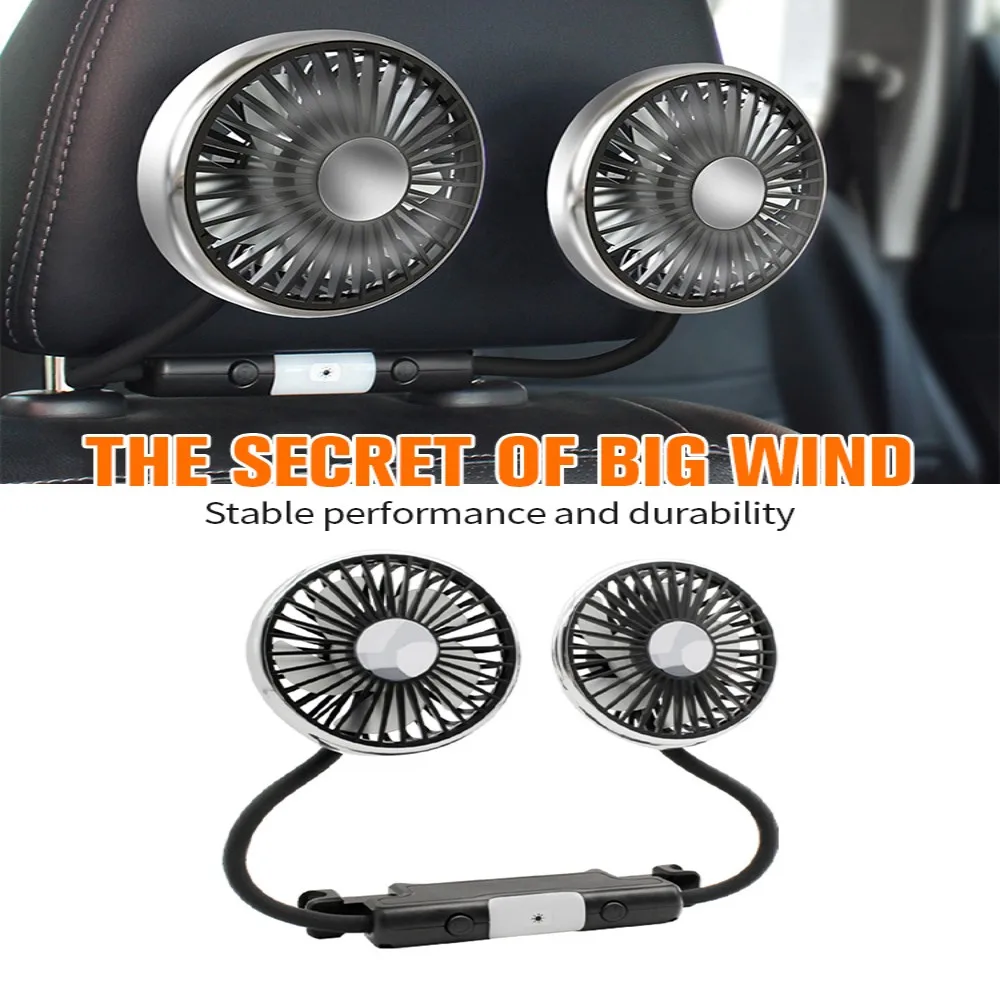 Dual Head Car Clip Fan com luz LED, 360 graus rotativo, Cooler Fan, baixo ruído, ventiladores, aparelhos elétricos do carro