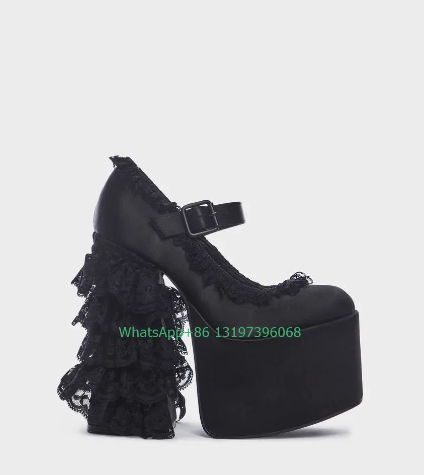 Lady ruffled lace trim design Mary Janes buckled straps platform design shoes sexy lace chunky heel pumps satin high heels  size