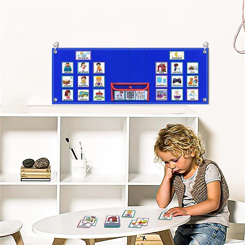 Well Made-Visual Schedule For Kids Daily Routine Chart With 70 Cards Blue Felt Autism Learning Behavioral Tool For School