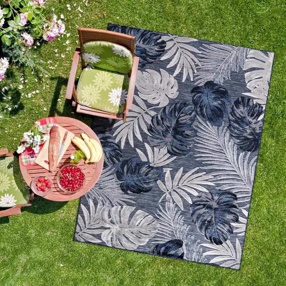 

Indoor Outdoor Rug, Navy Blue 6’x9’ Leaf Tropical Botanical Area Rugs for Indoor and Outdoor patios, Easy-Cleaning Non-Shedding