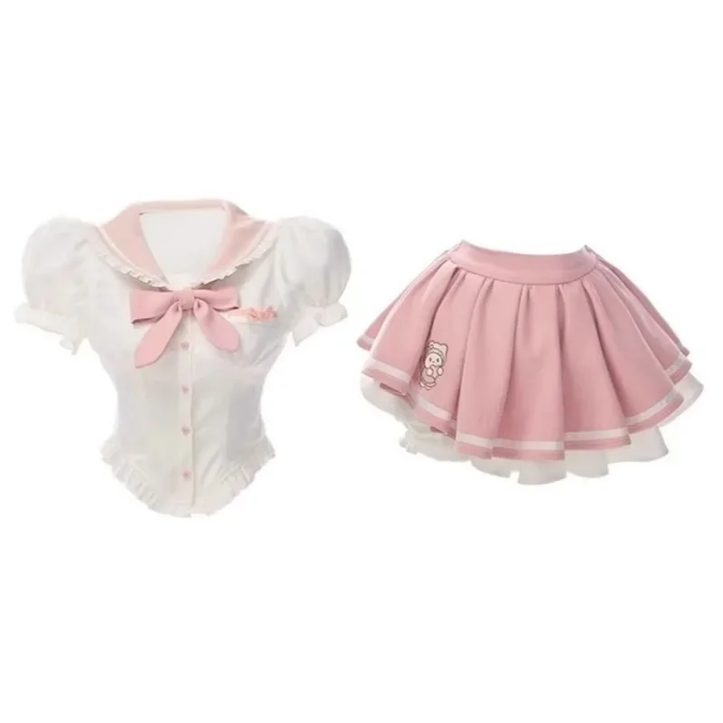 Sexy Kawaii Women's Set Bow Navy Collar Bubble Sleeves Pink Shirt White Pleated Skirt Waist Cinching and Fluffy Skirt Suit