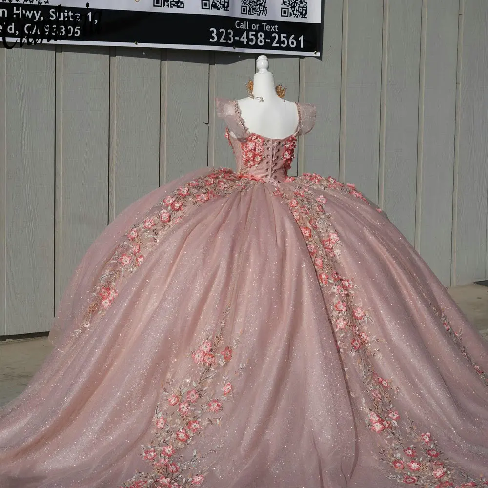 Vestido De quinceañera con cuentas De cristal De ilusión rosa, vestido De baile sin hombros, apliques De flores 3D, dulce, 15 Años