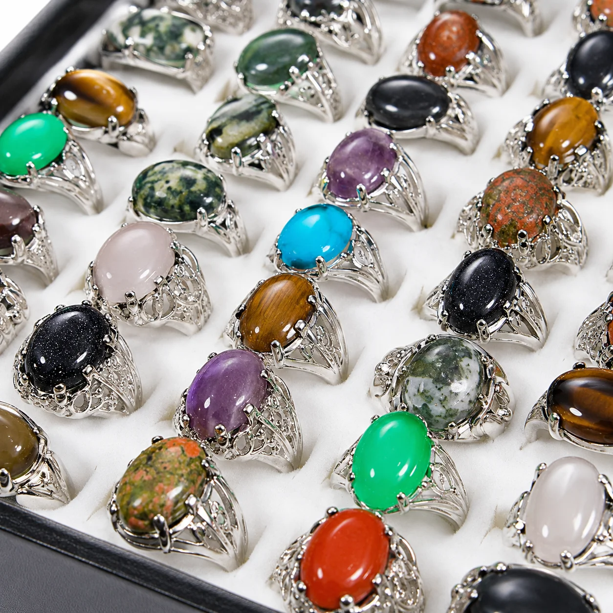 50Pcs Vintage Natural Stone Rings Set for Women Mixed Retro Styles Wholesale Jewelry Lot PF020