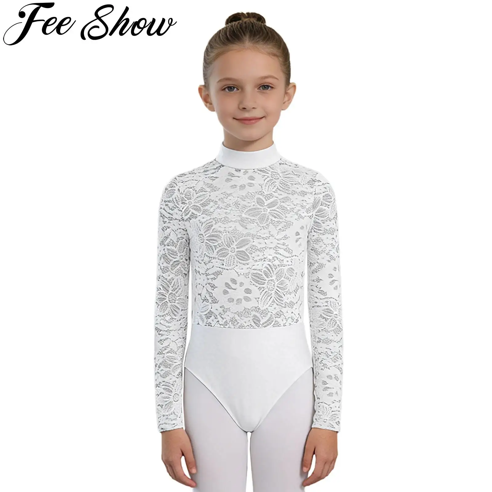 Children Girls Ballet Leotard Artistic Gymnastics Figure Skating Dance Costume Long Sleeve Floral Lace Bodice Jumpsuit Dancewear