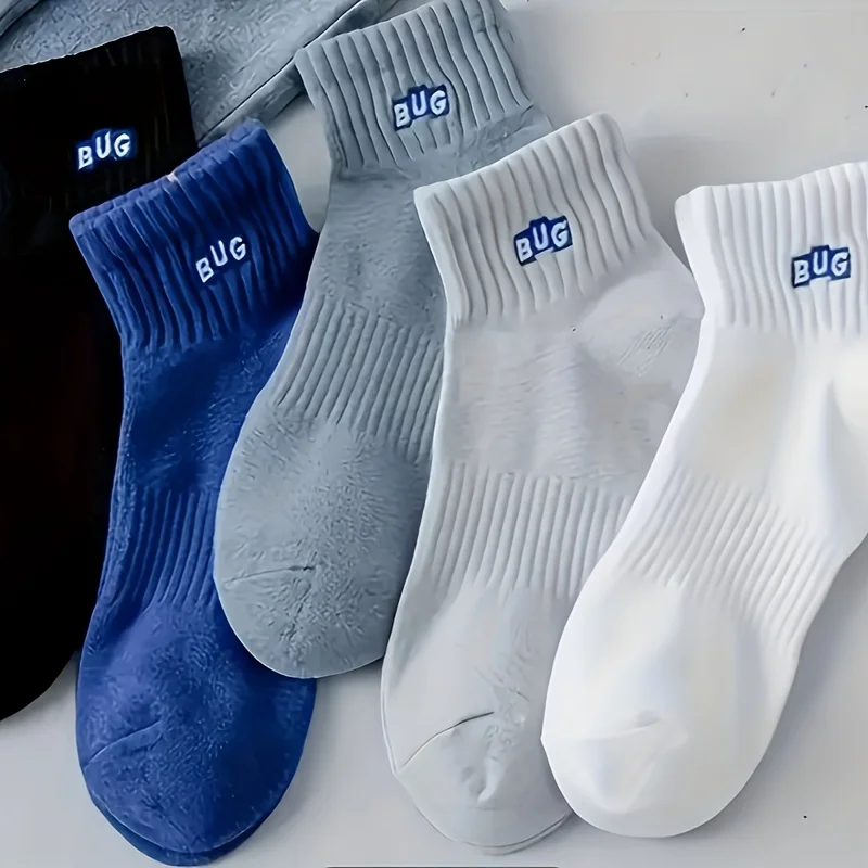 5-Pair Men's "BUG" Logo Breathable Invisible Socks-Elastic Ribbed Pocket Boat Design for Spring/Summer Wear in Multi-Color Pack