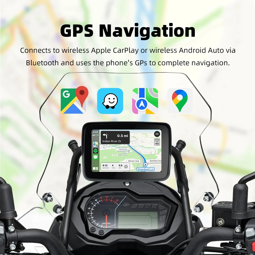 EVKEY -Motocicleta Tela Sem Fio, Apple Carplay, Navegação, Portátil, Monitor Android Auto