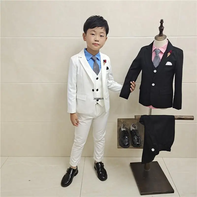 Wedding Suit For Boys Children White Baptism Jacket Vest Pants Bowtie Photograph Suit Gentleman Kids Birthday Ceremony Costume