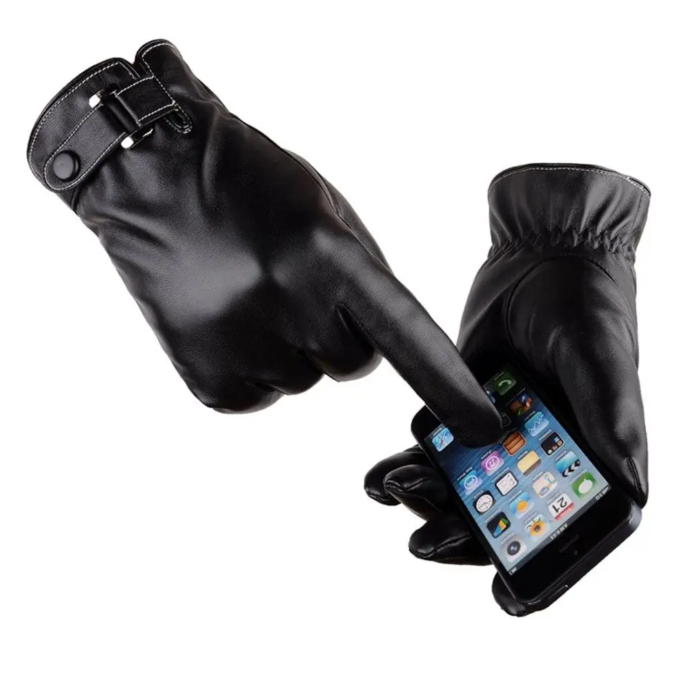 Men's Fleece Thermal Leather Gloves Winter Warm Touch Screen Windproof Waterproof Driving Gloves Full Finger Black Gloves