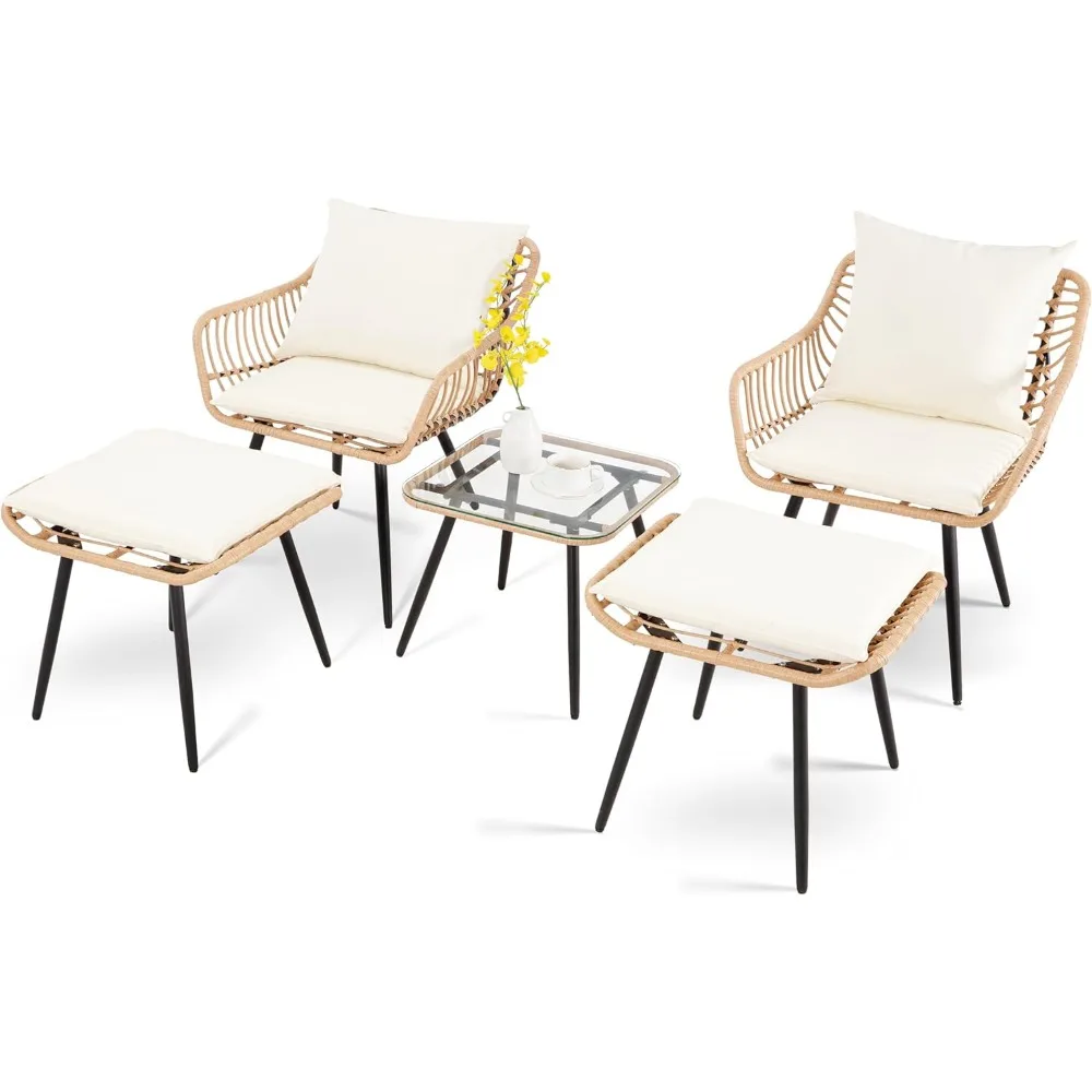 

5 Piece Patio Bistro Set with Ottoman, Outdoor Wicker Apartment Balcony Furniture Sets, Rattan Table and Chairs Set of 2