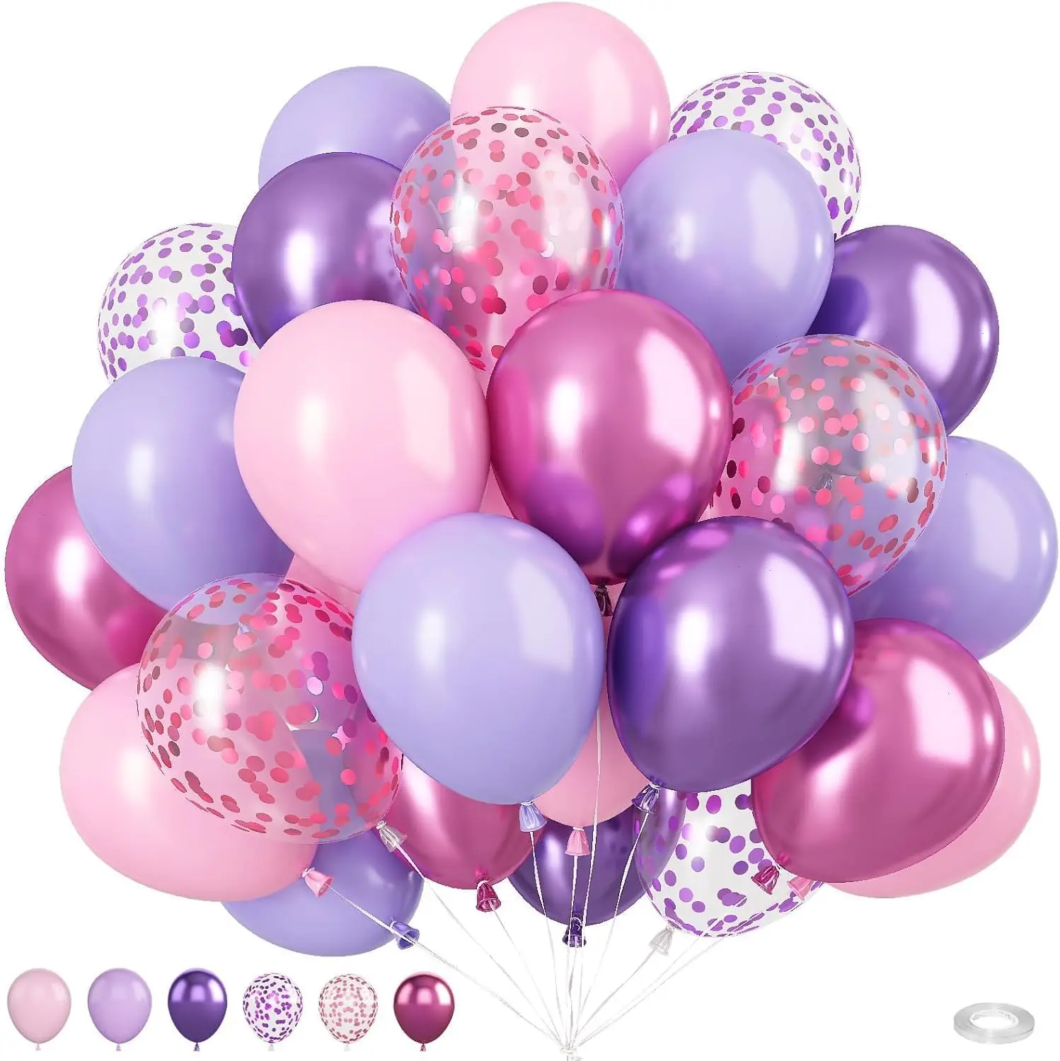 50 Uds. Globos rosas y morados, globos de confeti rosa púrpura de 10 pulgadas, globos metálicos de látex rosa púrpura, globos de fiesta para niña