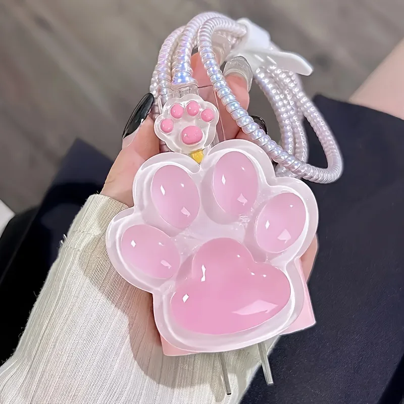 New Girl Pink Cute Cat Print Data Cable Protection Cover 20w Suitable for Apple iPhone Fast Charging Case Charger view 3