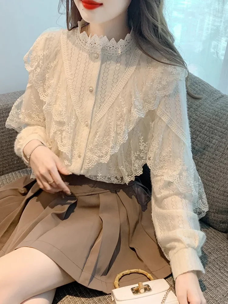 Women\'s Lace Shirts Blouses Y2k Vintage Aesthetic Harajuku 2000s Elegant Fashion Solid Color Long Sleeve Shirt Top Clothes 2024