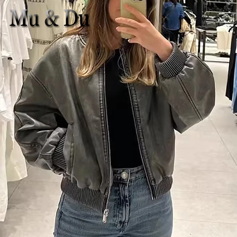 Mu&Du 2023 Autumn Washed Worn Out Short Jacket Stand Collar Long Sleeve Faux Leather Baseball Uniform Women Loose Coats Outwear