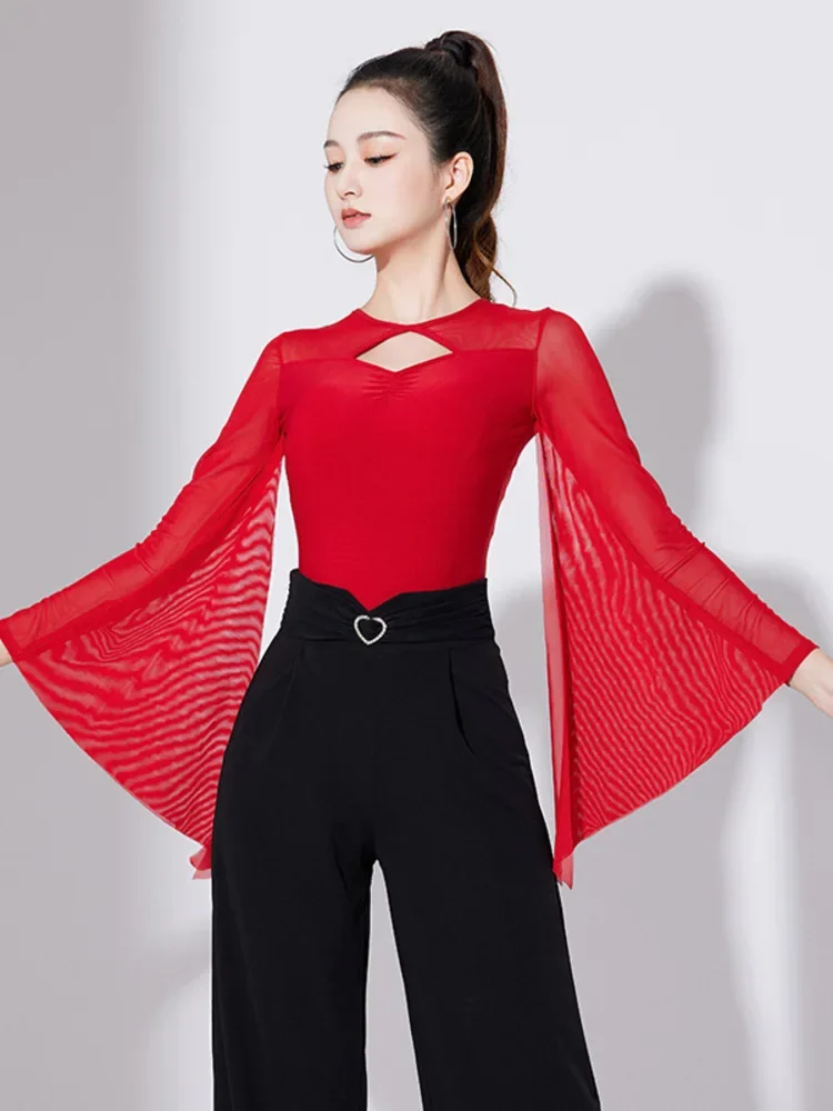 Solid Color Latin Dance Practice Line Hollow Out Tops Women Waltz Costume Classical Ruffle Competition T-shirt Adult Modern Jazz