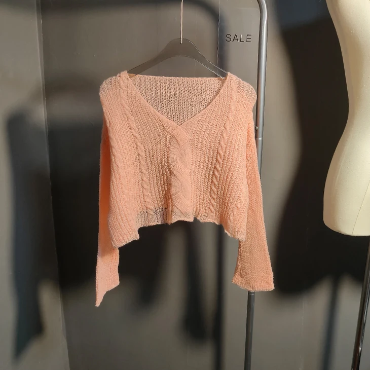 Women Sheer Cable Knit Crop Top Long Sleeve See-through Pullover Blouse Lightweight V-neck 90s Spring Summer Y2K Outfit