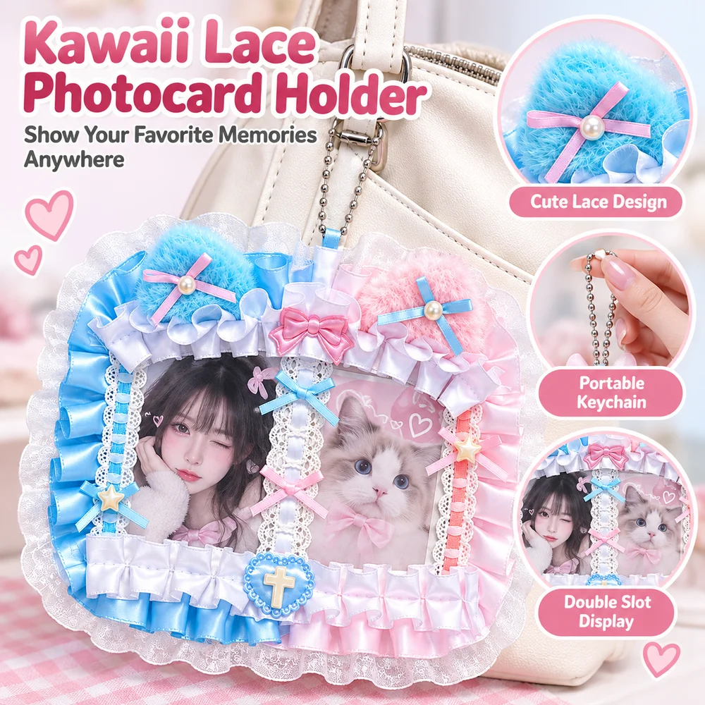 Gifts Double Slot Photocard Holder Ribbon Bow Lolita Style Lace Card Holder Cute Cat Ear Photo Card Display Holder Bag Supplies