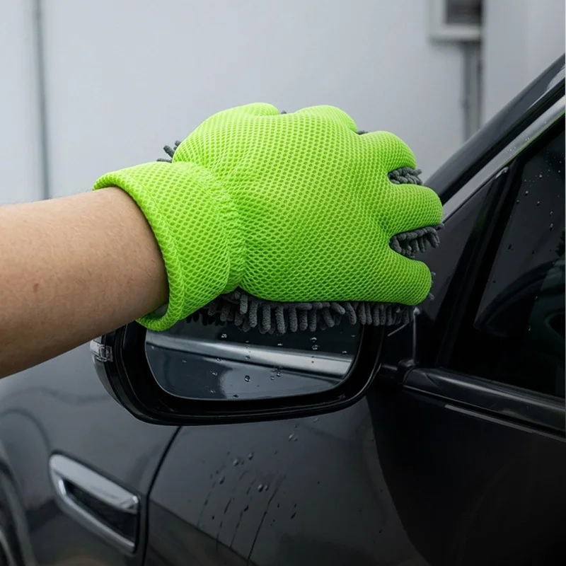 2/1 piece set of chenille five-finger car washing gloves, suitable for multiple uses, double-sided for wiping and dusting without damaging car paint, cleans wheel hubs with mesh for foaming, green, car washing gloves,
