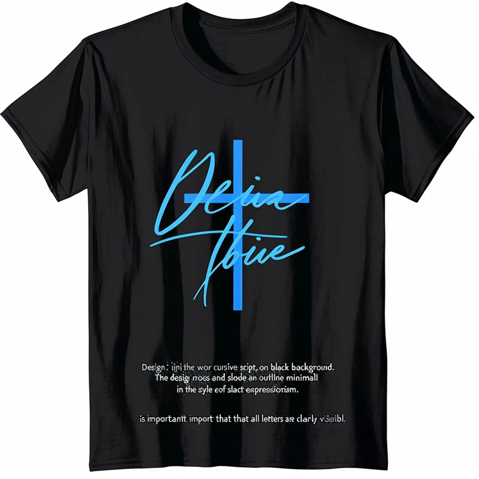 Blue Cursive Liquid Word Art with Cross Outline on Black TShirt