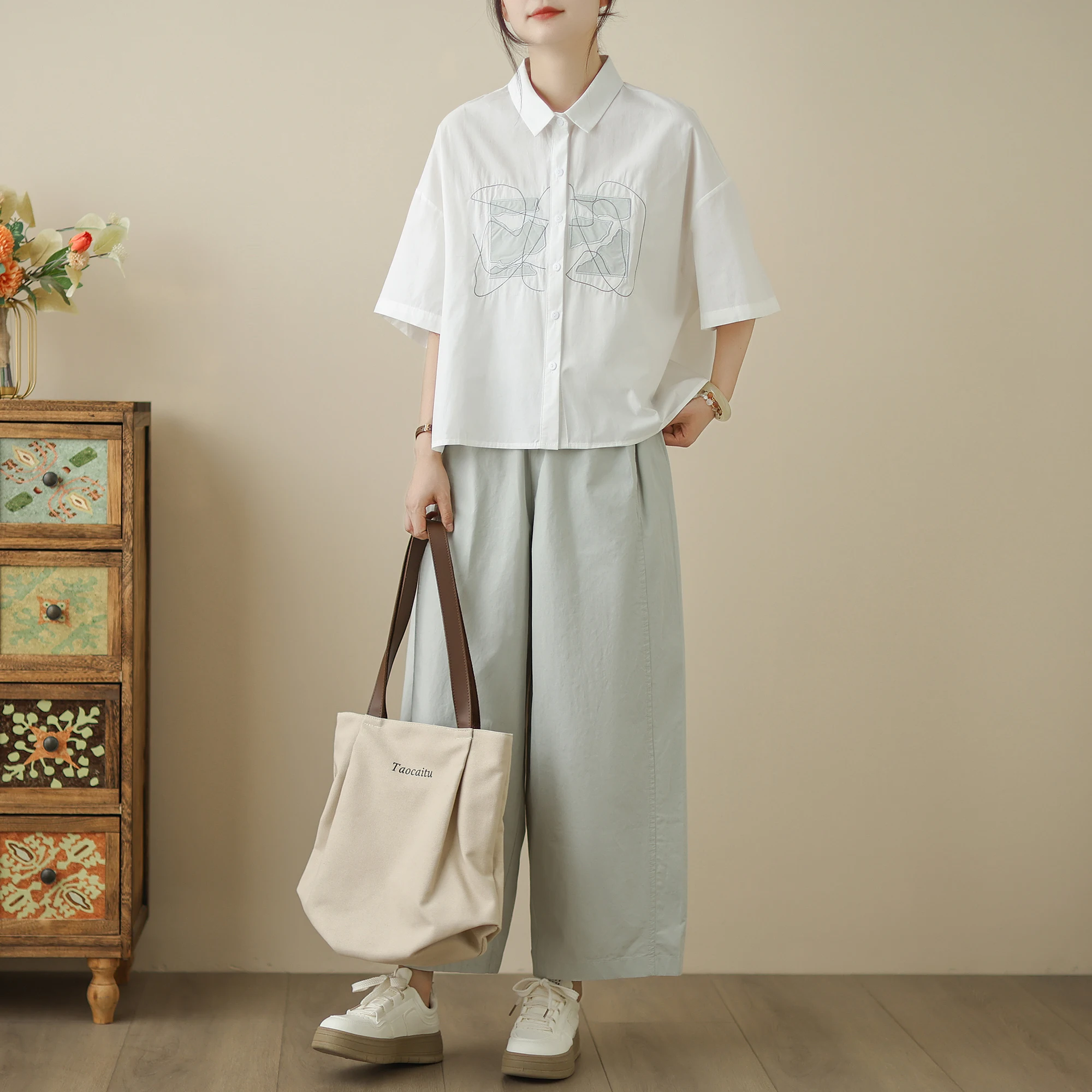 Korean Japanese Cotton Linen ort Sve Embroidered irt Youthful Design Summer Pure Cotton irt for plus Size Women