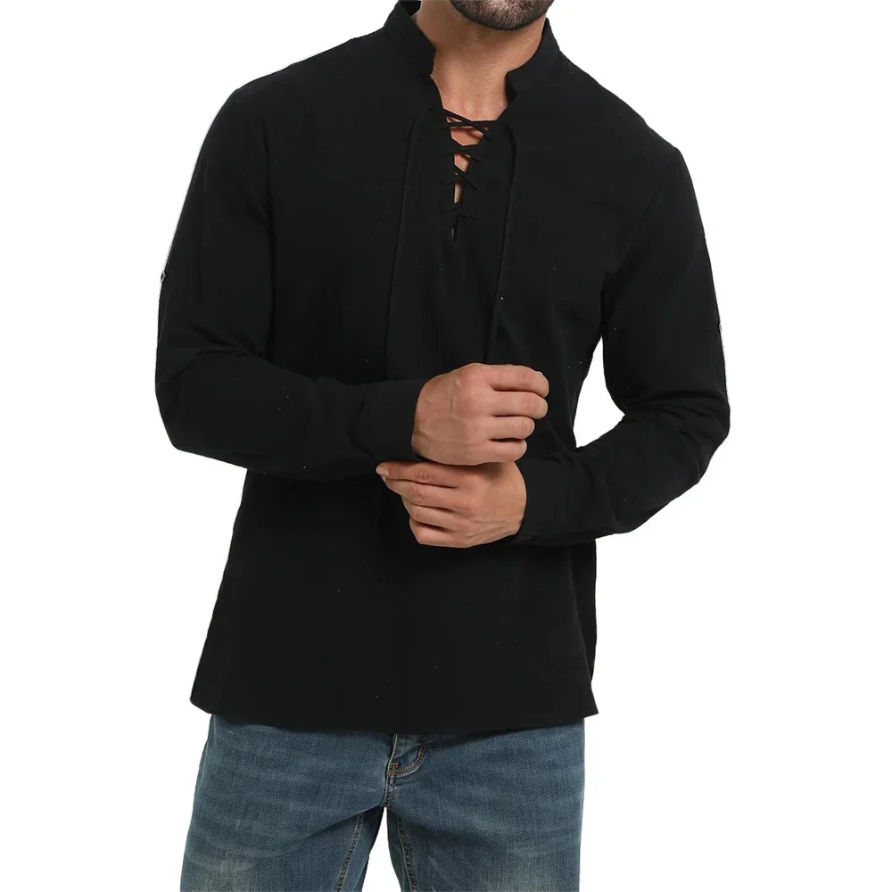 Frühling Herbst Herren Piratenhemd Vintage Mittelalter Wikinger Schnürung Henley Neck Cosplay Langarm Tops Baumwolle Leinen Gothic Shirts