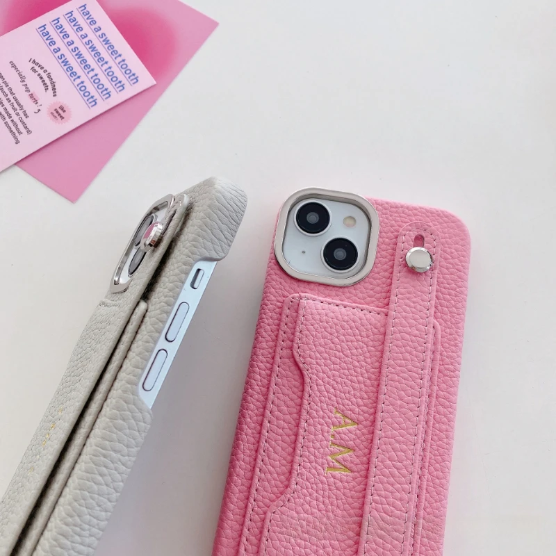 아이폰 15 14 13 12 11 Pro Max 보호 커버용 가죽 폰 케이스, 손목 밴드 카드 홀더 커버, 맞춤 각인 이름/문자