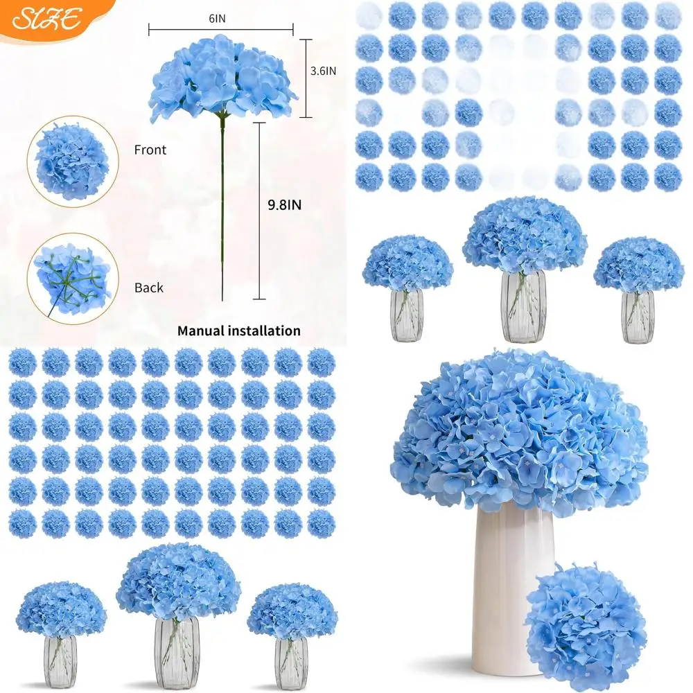

80 штук искусственных шелковых гортензий синего цвета с стеблями для свадебных или праздничных композиций (на детский праздник)