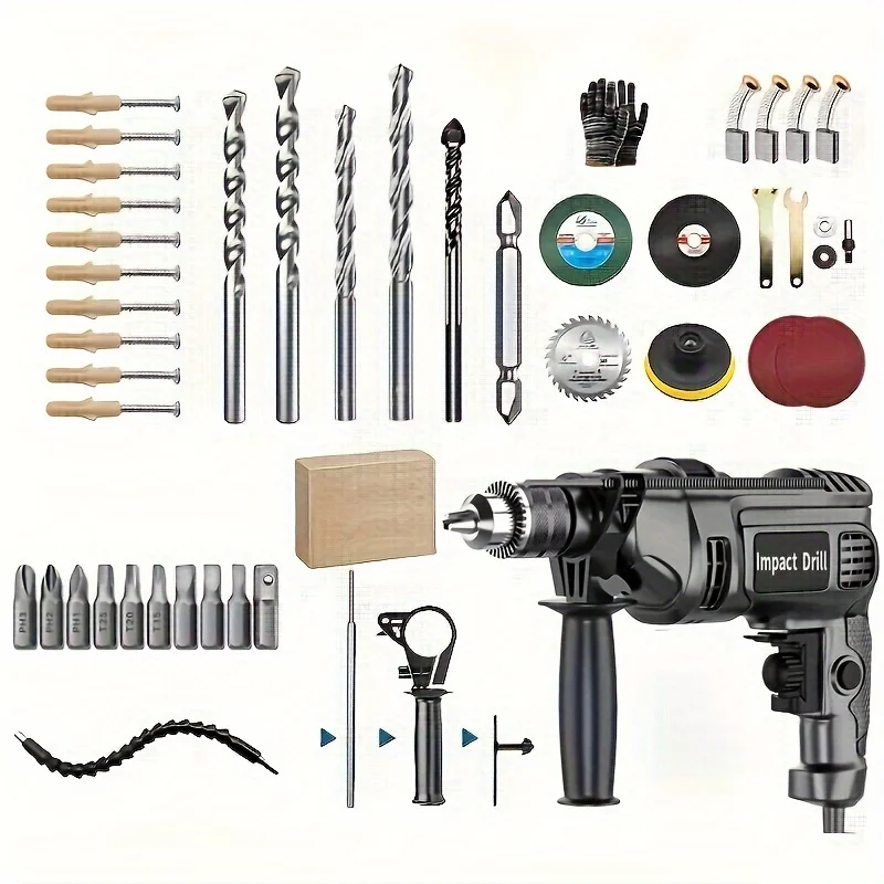 1 Set High-Power Hand Electric Drill Set - Versatile for Brick Walls, Concrete, Impact Drilling, and Plug-in Electric Drilling